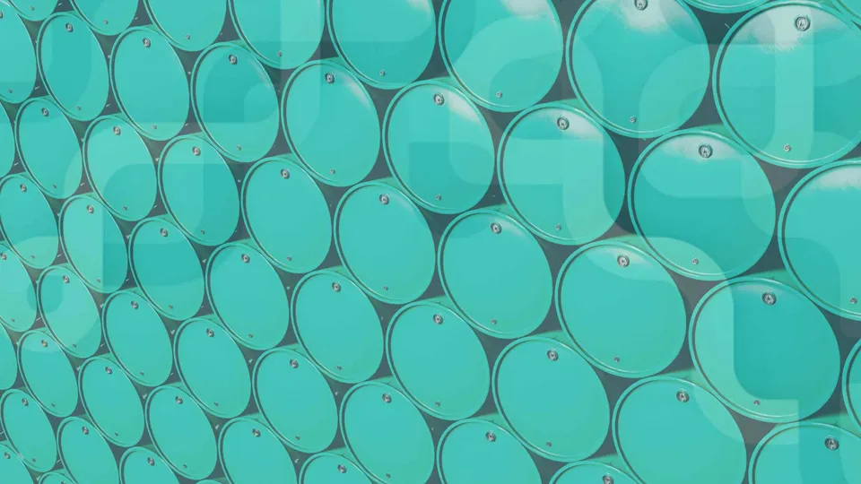 A neat row of manufactured chemical industry products in barrels